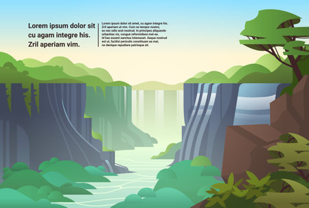 beautiful deep forest waterfall cartoon natural scenery with river streams of water flowing horizontalのイラスト素材
