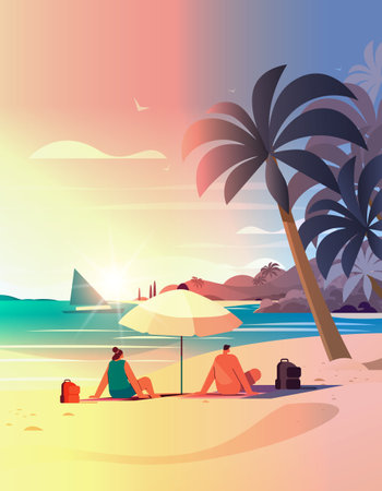man woman couple sitting together under umbrella on tropical beach summer vacation time to travel conceptのイラスト素材