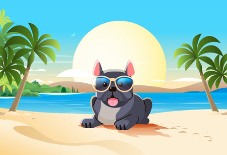 Happy national dog day greeting card cute doggy in sunglasses lying on tropical beach holiday of domestic animals conceptのイラスト素材