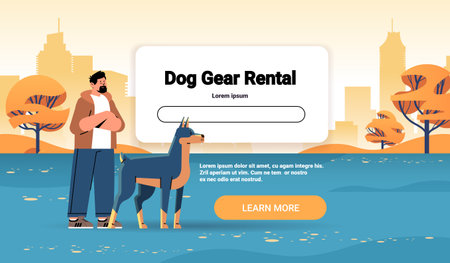 guy pet owner with cute dog using gear rental app best friends domestic animal friendship concept horizontalのイラスト素材