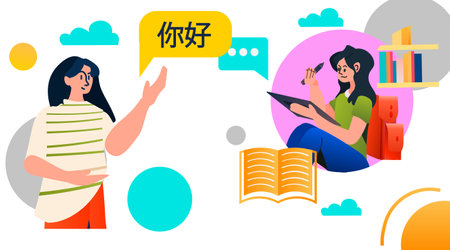 girl learning language during video call online education e-learning concept horizontalのイラスト素材