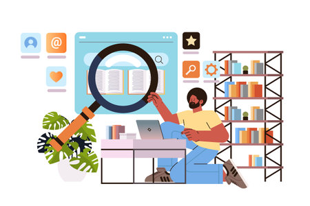 student reading book on digital screen online research e-learning distance education concept horizontalのイラスト素材