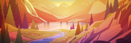 panoramic view of lake in mountains raging mountain river beautiful nature landscape background summer vacation travelingのイラスト素材