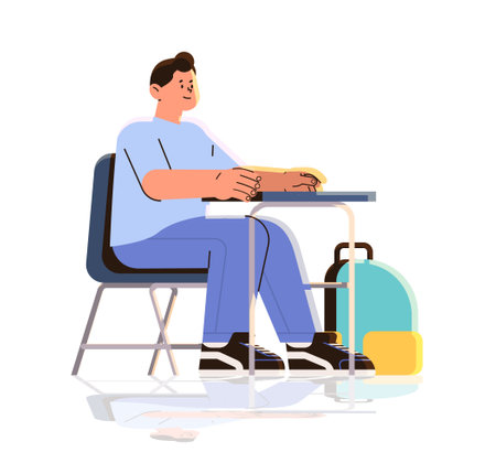 schoolboy character with backpack sitting at desk back to school primary education conceptのイラスト素材
