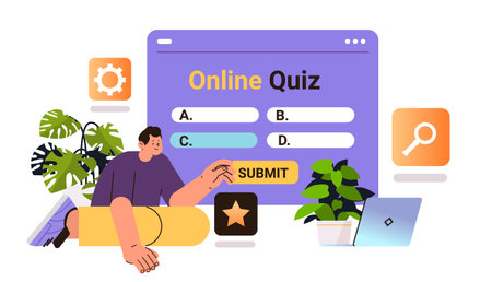 student chooses correct answer in test online quiz e-learning distance education concept horizontalのイラスト素材