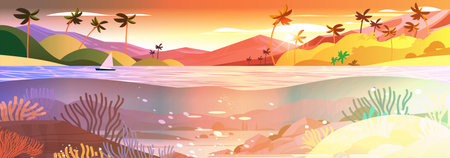 sea or ocean marine fauna with fish and coral reef underwater recreational activity summer vacation conceptのイラスト素材