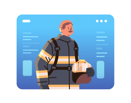 firefighter in uniform fireman with firefighting equipment emergency service happy labor day celebration concept horizontalのイラスト素材