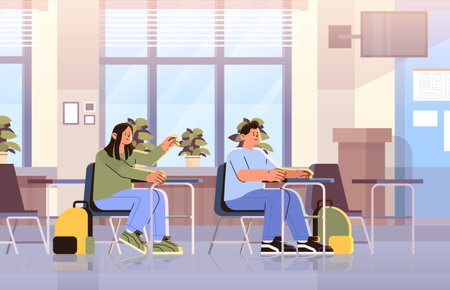 promary schhol pupils sit at desk elementary education learning process happy labor day celebration conceptのイラスト素材