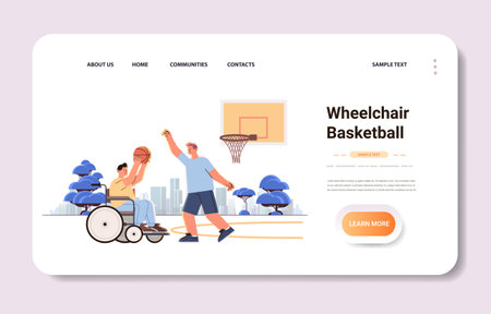 disabled man sitting in wheelchair and playing basketball with male friend people with disabilities concept horizontalのイラスト素材
