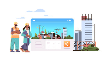 woman man architects or engineers in uniform standing near unfinished building construction site background horizontalのイラスト素材