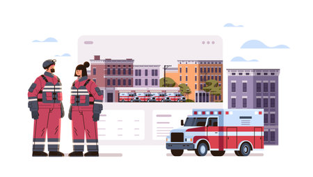 firefighters in uniform standing near fire station building department house facade and red emergency vehicles horizontalのイラスト素材