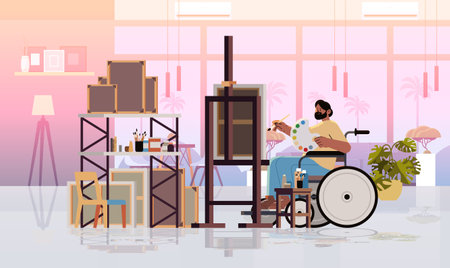 disabled man artist in wheelchair drawing on canvas creative art hobby people with disabilities concept modern studio interiorのイラスト素材