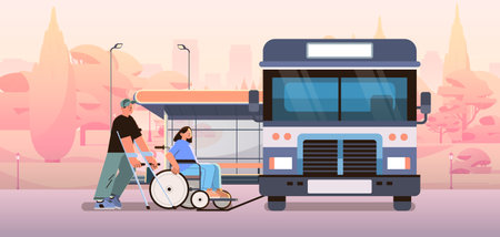 disabled passengers getting on bus with help of ramp people in wheelchair in friendly city environment accessible travel conceptのイラスト素材