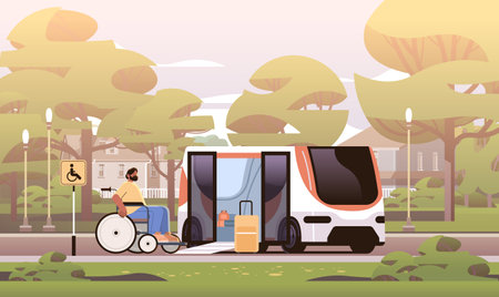 disabled passenger getting on bus with help of ramp people in wheelchair in friendly city environment accessible travel conceptのイラスト素材