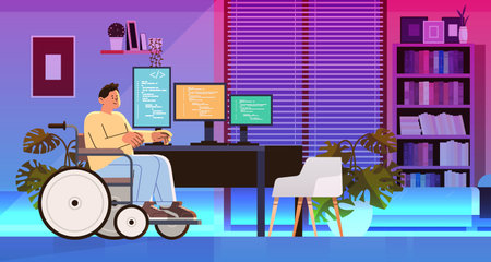 disabled man programmer in wheelchair sitting at workplace software development people with disabilities conceptのイラスト素材