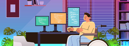 disabled man programmer in wheelchair sitting at workplace software development people with disabilities conceptのイラスト素材