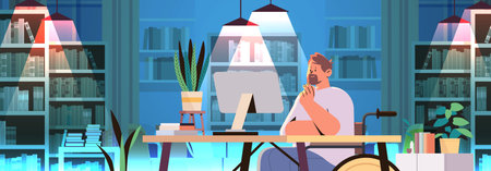 disabled man article editor in wheelchair guy working on computer people with disabilities concept modern living room interiorのイラスト素材