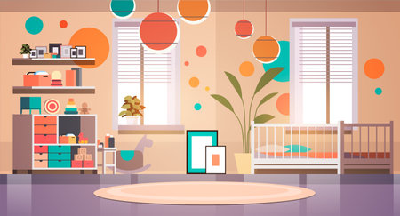 kids room interior empty no people babys bedroom with wooden crib horizontalのイラスト素材