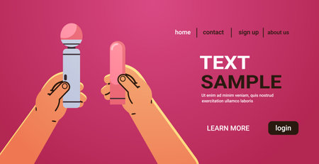 human hand holds pink massager for sex vibrator masturbation vaginal and clitoral stimulation dildo sex shop toys for adults concept horizontalのイラスト素材