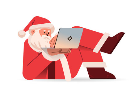 santa claus in red costume lying on his back and typing on laptop happy new year merry christmas holidays celebration conceptのイラスト素材