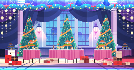 christmas tree and gifts in decorated restaurant new year winter holidays celebration concept horizontalのイラスト素材