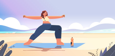 happy pregnant woman future mom doing physical stretching exercises on beach pregnancy motherhood expectation healthy lifestyleのイラスト素材