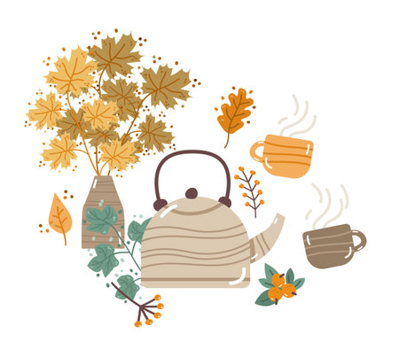 kettle tea cups with orange leaves autumn harvest festival happy thanksgiving holiday celebrationのイラスト素材