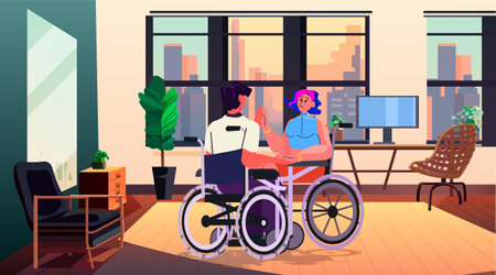 disabled woman in wheelchair dancing with man people with disabilities concept dance studio interiorのイラスト素材