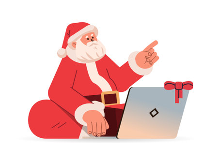 santa claus in red costume sitting lotus pose, using laptop and pointing finger at something happy new year merry christmas holidays celebrationのイラスト素材