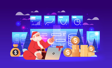 santa claus in red costume analyzing financial data on charts and graphs planning report market analysis accounting happy new year merry christmasのイラスト素材