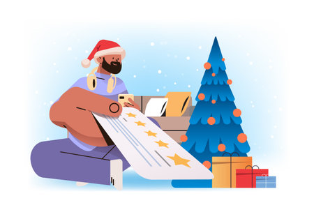 man in santa claus hat holding review stars rating customer feedback satisfaction level online survey christmas holidays celebrationのイラスト素材