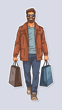 man in fashion brands outlet character holding shopping bags with clothes and accessories season big sale special offer promotion discountのイラスト素材