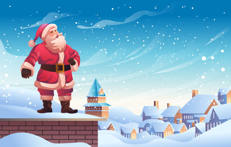 santa clausin red costume standing on chimney and looking at winter village with snowy houses happy new year holiday celebration templateのイラスト素材