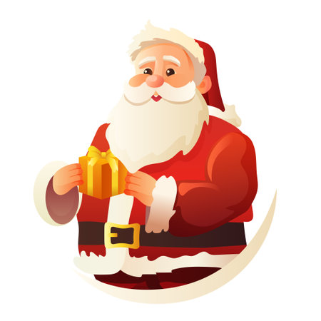 santa claus in red costume and hat holding wrapped gift box christmas eve holiday happy new year celebration templateのイラスト素材