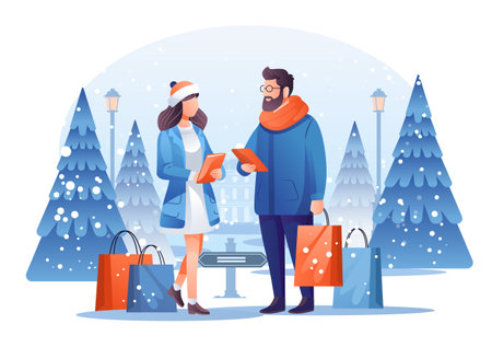 people in winter clothes holding shopping bags and using tablets outdoor new year holiday season big sale special offer promotionのイラスト素材