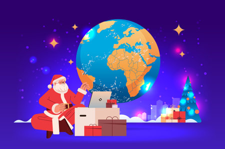 santa claus in red costume sitting near world map and gift boxes using laptop happy new year merry christmas holidays celebrationのイラスト素材
