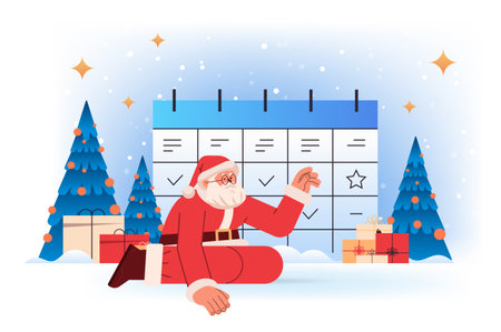 santa claus in red costume near holiday planner christmas organizer happy new year merry christmas holidays celebration conceptのイラスト素材