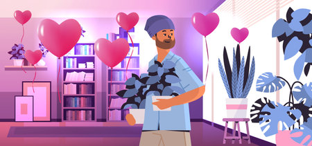 guy in love holding potted plants happy valentines day celebration concept living room interior with pink air balloons in heart shapeのイラスト素材