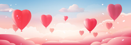 pink air balloons in heart shape flying in sky happy valentine day greeting card shopping poster or voucher holiday celebrationのイラスト素材