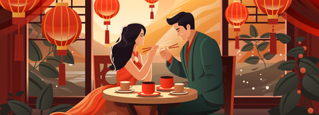 asian man woman lovers sitting at table in chinese restaurant happy valentines day celebration conceptのイラスト素材