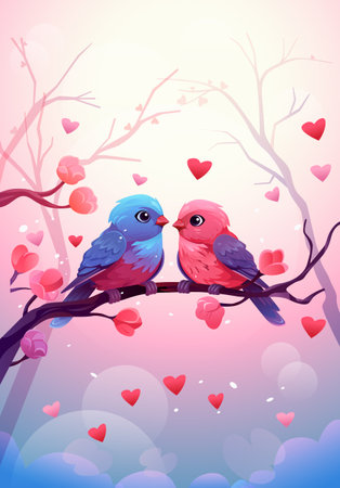two birds sitting on branch happy valentines day celebration greeting card verticalのイラスト素材