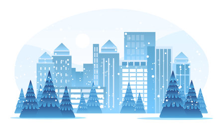 snowy city street with fir trees and buildings urban cityscape background horizontalのイラスト素材