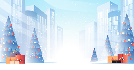 winter snowy city street with decorated christmas trees and gift boxes happy new year holiday celebration template cityscape backgroundのイラスト素材