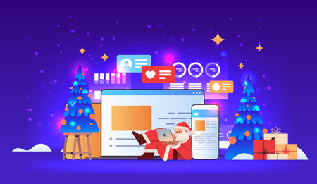 santa claus in red costume using chatting apps online communication social media network happy new year merry christmas holidays celebrationのイラスト素材