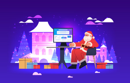santa claus in red costume article editor writing publicity post copywriting selection verification happy new year merry christmas holidaysのイラスト素材
