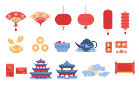 chinese icons set china new year sign for greeting card asian flyer invitation poster horizontalのイラスト素材