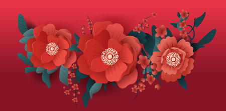 chinese new year greeting card with red flowers asian flyer invitation poster horizontalのイラスト素材