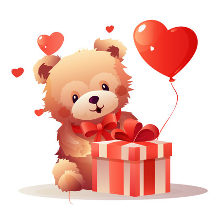 teddy bear sitting with wrapped gift box happy valentines day celebration greeting cardのイラスト素材
