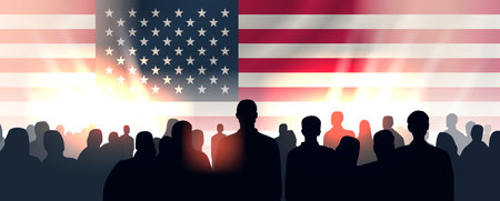 Martin Luther King Jr. Day protesters group silhouettes with american flag MLK banner horizontalのイラスト素材