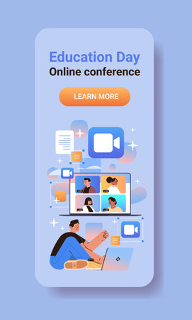 guy student watching online conference during video call on laptop screen education day live webinar e-learning conceptのイラスト素材